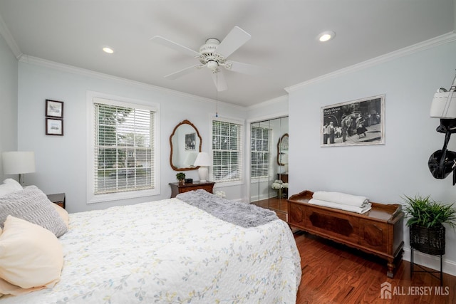 7 Manor Ct, Old Bridge, NJ 08857 - bedroom featuring crown molding, wood finished floors, a closet, recessed lighting, and baseboards