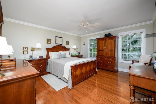 7 Manor Ct, Old Bridge, NJ 08857 - bedroom featuring light wood-style flooring, ornamental molding, multiple windows, baseboards, and ceiling fan