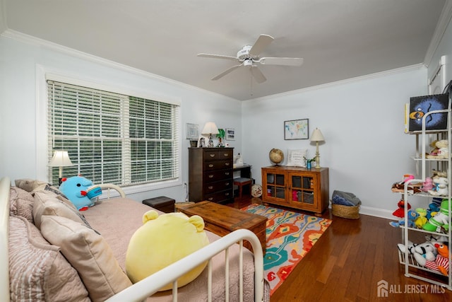 7 Manor Ct, Old Bridge, NJ 08857 - bedroom featuring crown molding, hardwood / wood-style floors, baseboards, and ceiling fan