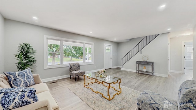 17 Tamarack Rd, Franklin Twsp, NJ 08873 - living area with stairs, light wood-style floors, and recessed lighting