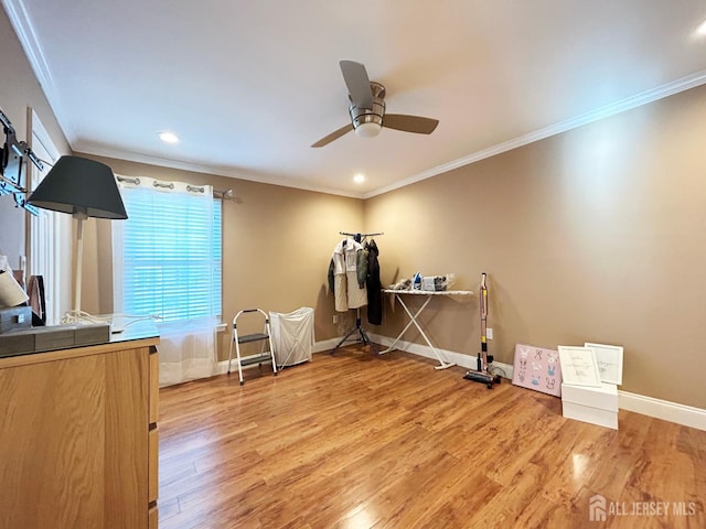 196 Jonathan Pl, Franklin Twsp, NJ 08873 - misc room with light wood-type flooring, a ceiling fan, crown molding, and recessed lighting