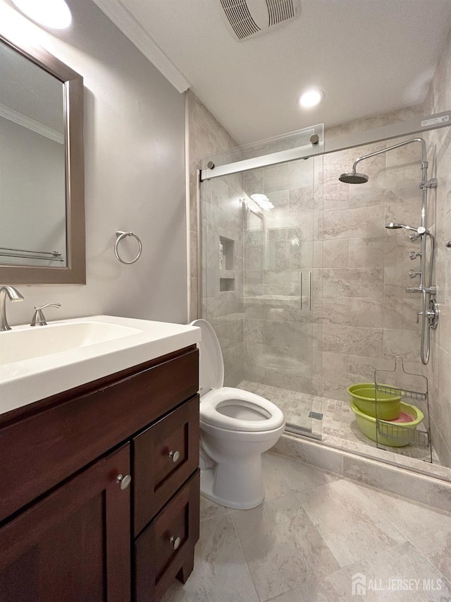 196 Jonathan Pl, Franklin Twsp, NJ 08873 - full bath featuring crown molding, vanity, a shower stall, and recessed lighting