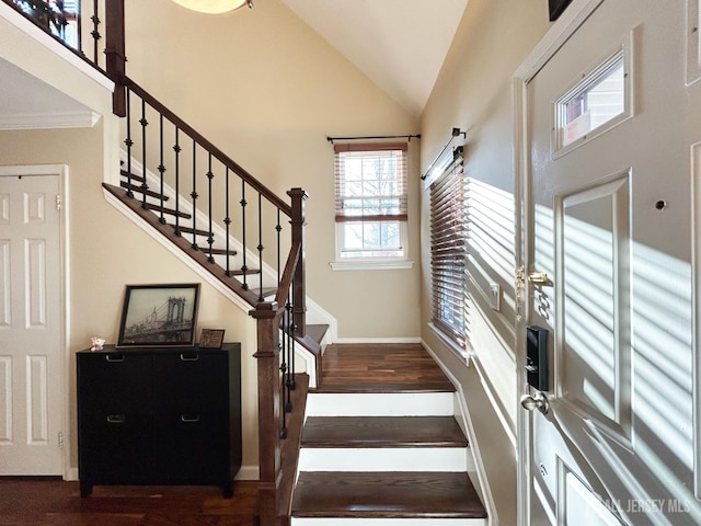 196 Jonathan Pl, Franklin Twsp, NJ 08873 - stairs featuring wood finished floors, high vaulted ceiling, and crown molding