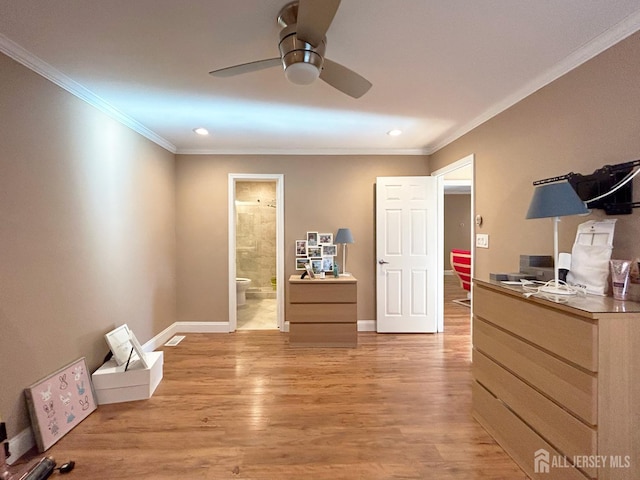 196 Jonathan Pl, Franklin Twsp, NJ 08873 - bedroom featuring crown molding, recessed lighting, light wood-style flooring, ensuite bath, and ceiling fan