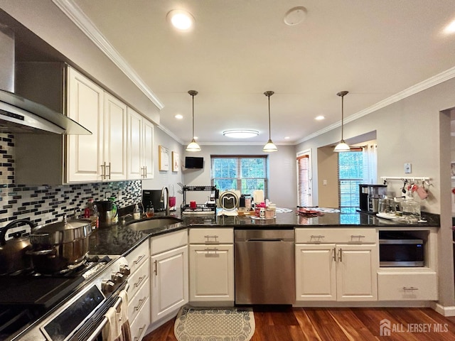 196 Jonathan Pl, Franklin Twsp, NJ 08873 - kitchen with appliances with stainless steel finishes, ornamental molding, dark wood finished floors, tasteful backsplash, and decorative light fixtures
