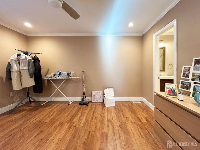 196 Jonathan Pl, Franklin Twsp, NJ 08873 - miscellaneous room with light wood-type flooring, a ceiling fan, crown molding, and recessed lighting