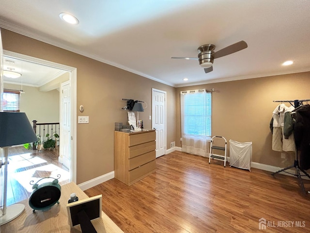 196 Jonathan Pl, Franklin Twsp, NJ 08873 - bedroom featuring multiple windows, light wood-style floors, crown molding, recessed lighting, and a ceiling fan