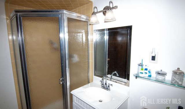 full bathroom featuring a stall shower and vanity