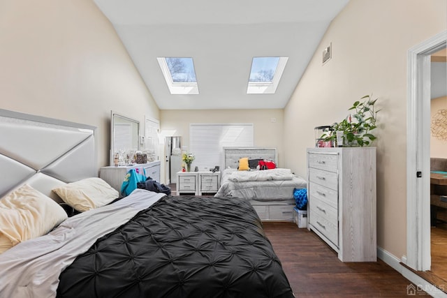 bedroom featuring lofted ceiling and dark hardwood / wood-style flooring