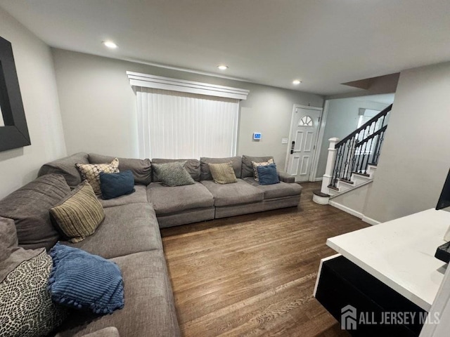 45 E Oak St, Carteret, NJ 07008 - living area with recessed lighting, dark wood-style floors, and stairs