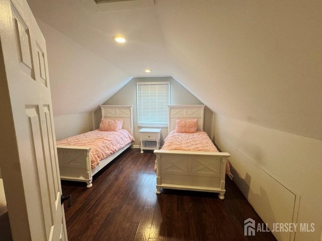 45 E Oak St, Carteret, NJ 07008 - bedroom featuring dark wood-style flooring, vaulted ceiling, and recessed lighting