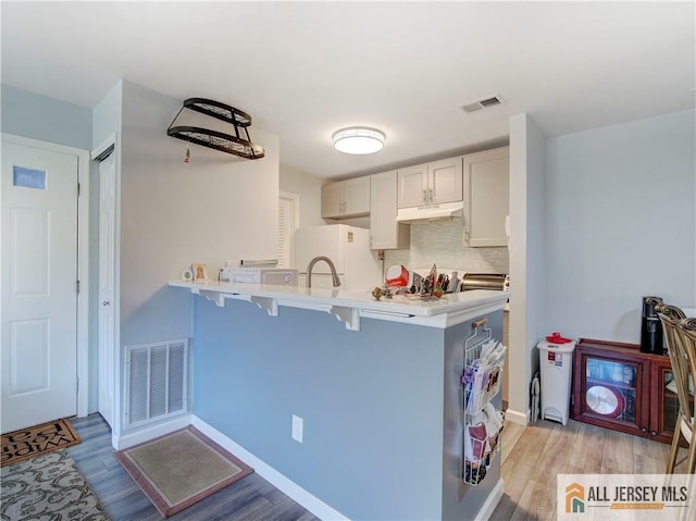 285 Cozzens Ct Unit 285, East Brunswick, NJ 08816 - kitchen with under cabinet range hood, freestanding refrigerator, light wood-style flooring, and a kitchen bar