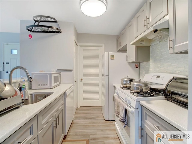 285 Cozzens Ct Unit 285, East Brunswick, NJ 08816 - kitchen featuring white appliances, under cabinet range hood, light wood-style flooring, light countertops, and backsplash