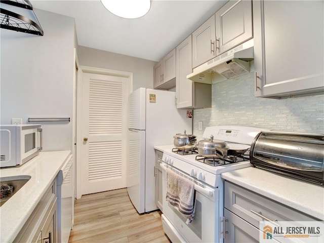285 Cozzens Ct Unit 285, East Brunswick, NJ 08816 - kitchen with white appliances, under cabinet range hood, gray cabinets, backsplash, and light wood-style floors