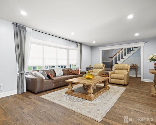 13 Crabtree Rd, Old Bridge, NJ 07747 - living room featuring baseboards, recessed lighting, stairway, and wood finished floors