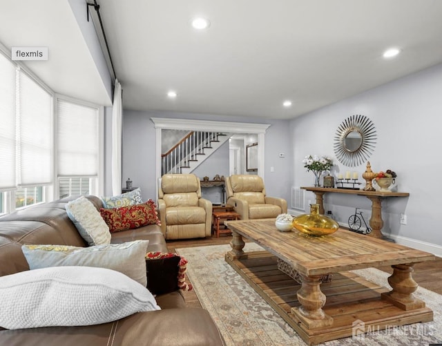 13 Crabtree Rd, Old Bridge, NJ 07747 - living area featuring wood finished floors, stairway, recessed lighting, and baseboards