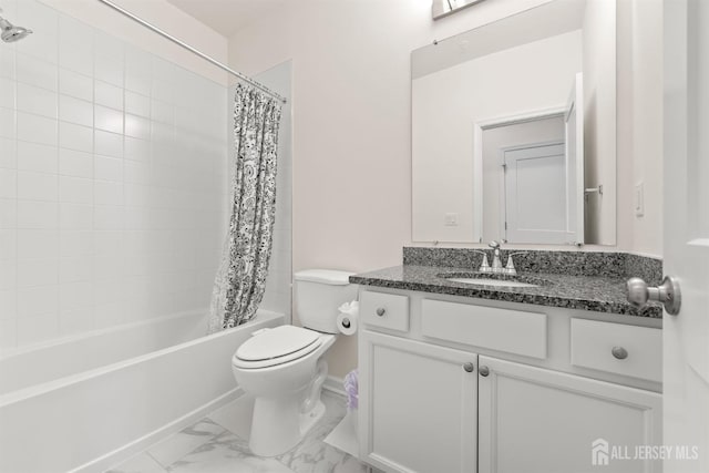 bathroom featuring toilet, marble finish floor, shower / tub combo with curtain, and vanity