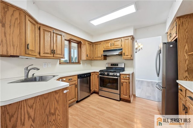 kitchen with light wood-type flooring, stainless steel appliances, and sink