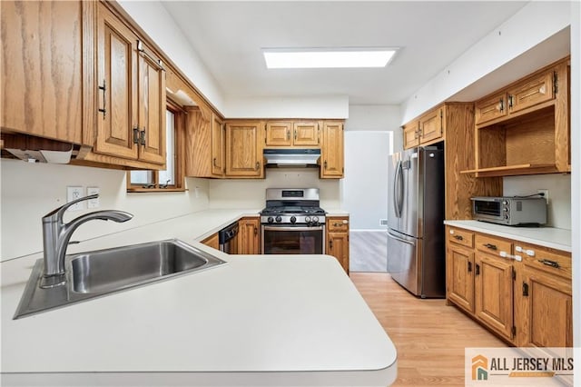 kitchen with sink, light wood-type flooring, and appliances with stainless steel finishes