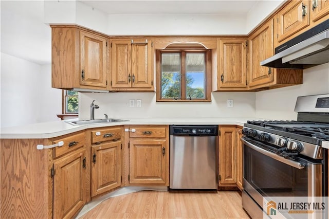 kitchen featuring kitchen peninsula, stainless steel appliances, light hardwood / wood-style floors, and sink