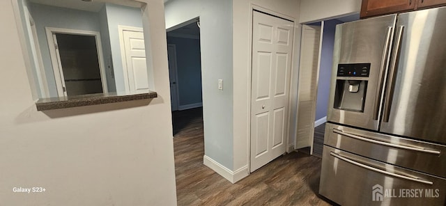 7 Lake Ave Unit Ia, East Brunswick, NJ 08816 - kitchen with stainless steel fridge, dark wood-style flooring, and baseboards