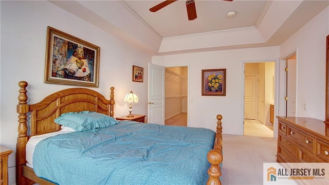 bedroom featuring light colored carpet, a spacious closet, ornamental molding, a raised ceiling, and a ceiling fan