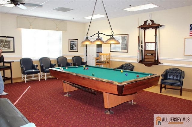 game room with billiards, ceiling fan, carpet flooring, and a paneled ceiling