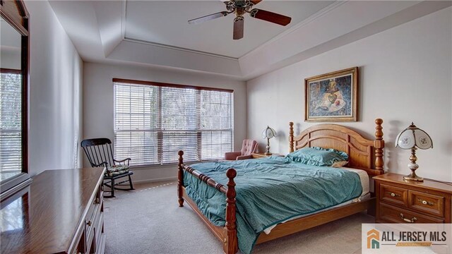 carpeted bedroom with a tray ceiling, multiple windows, a ceiling fan, and baseboards