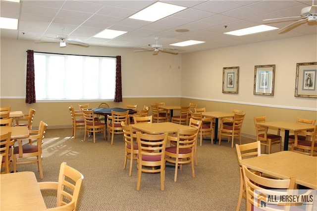 dining area featuring ceiling fan, a drop ceiling, and light colored carpet