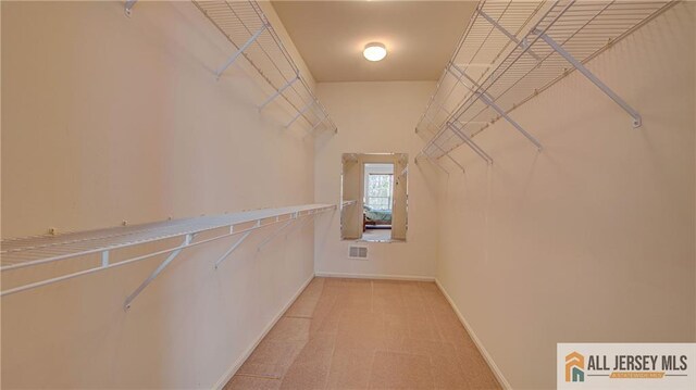 walk in closet featuring visible vents and light carpet