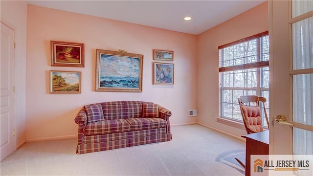 sitting room featuring recessed lighting, carpet, visible vents, and baseboards