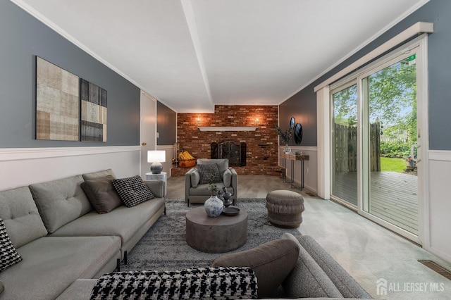 104 Laurel Ave, South Plainfield, NJ 07080 - living area featuring light colored carpet, a brick fireplace, and ornamental molding