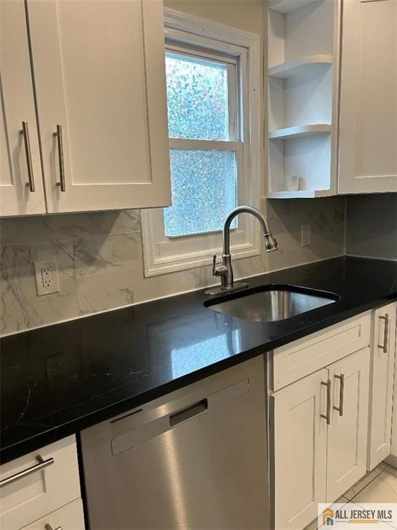 23 June St, South River, NJ 08882 - kitchen featuring dishwasher, a sink, white cabinetry, and dark countertops