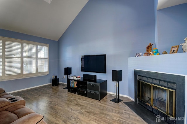 277 Edgeware Ct, Franklin, NJ 08873 - living room featuring wood finished floors, a fireplace with flush hearth, and high vaulted ceiling