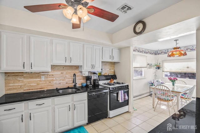 kitchen featuring gas range oven, visible vents, white cabinetry, a sink, and dishwasher