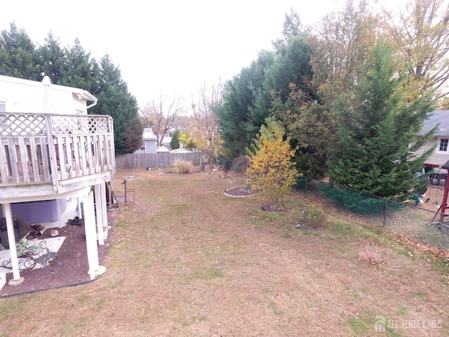 view of yard featuring a fenced backyard and a wooden deck