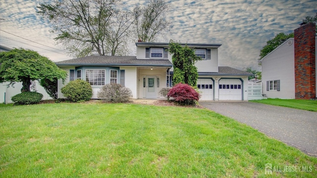 view of front of house featuring an attached garage, a front lawn, and driveway
