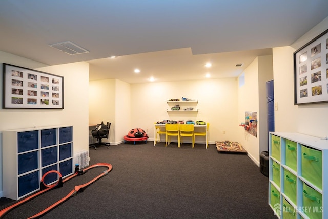 game room with baseboards, carpet floors, visible vents, and recessed lighting