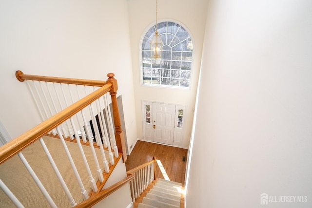 stairway featuring wood finished floors and a towering ceiling