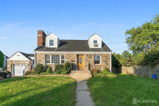 cape cod home featuring stone siding, fence, a chimney, and a front lawn