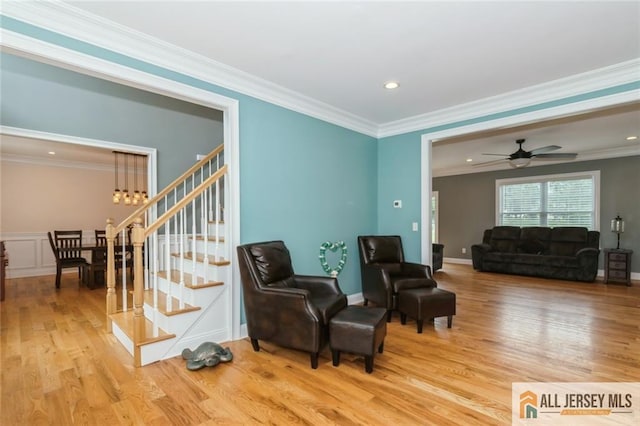 19 Maplehurst Ln, Piscataway, NJ 08854 - living area featuring light wood-type flooring, stairs, ornamental molding, recessed lighting, and a ceiling fan