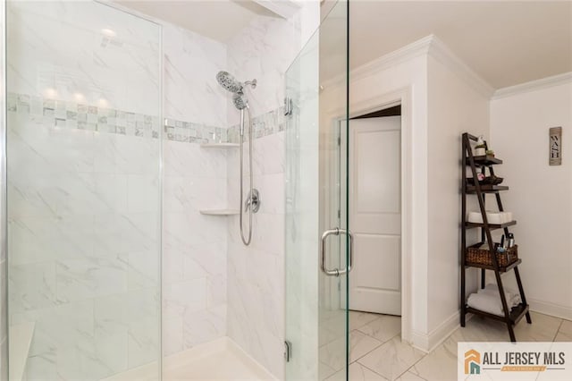 19 Maplehurst Ln, Piscataway, NJ 08854 - full bathroom featuring a shower stall, crown molding, and marble look tiles