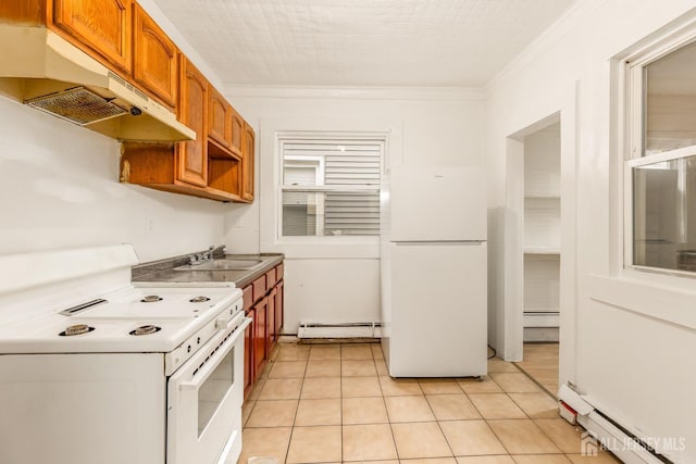 107 N 16th St N, East Orange, NJ 07017 - kitchen featuring white appliances, under cabinet range hood, a baseboard radiator, and ornamental molding