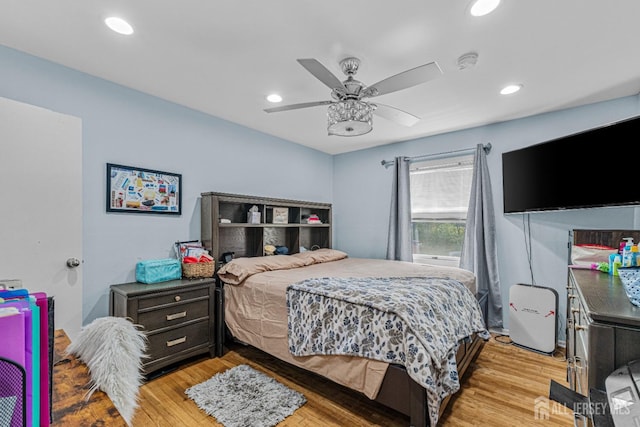 bedroom featuring recessed lighting, ceiling fan, and light wood-type flooring