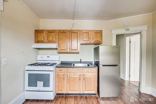151 N Broadway N, South Amboy, NJ 08879 - kitchen with white range with gas stovetop, freestanding refrigerator, under cabinet range hood, a sink, and ornamental molding