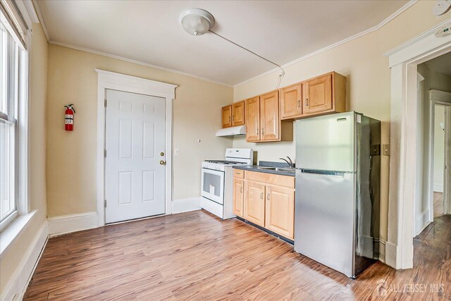 151 N Broadway N, South Amboy, NJ 08879 - kitchen featuring freestanding refrigerator, white range with gas cooktop, under cabinet range hood, crown molding, and a sink