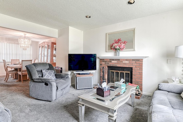 21 Wellington Ct, Sayreville, NJ 08872 - living area with carpet flooring, a chandelier, a textured ceiling, and a brick fireplace