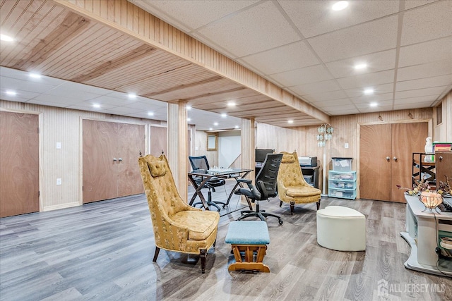 10 Dellview Dr, Edison, NJ 08820 - sitting room with wood finished floors, wood walls, a drop ceiling, and a desk