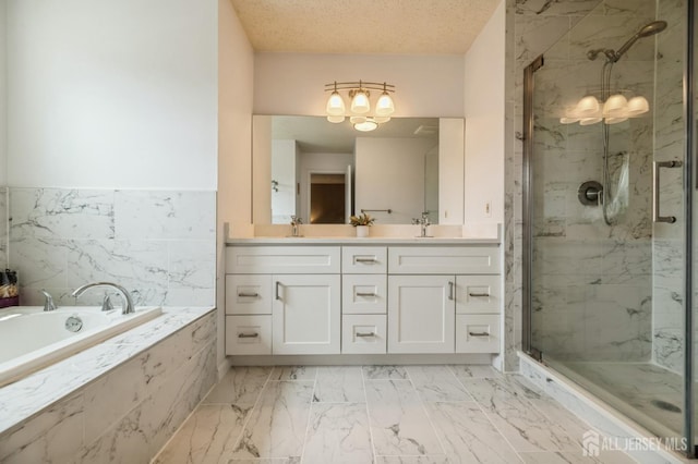 349 Lunar Rd, Piscataway, NJ 08854 - full bathroom with a marble finish shower, a bath, marble finish floors, double vanity, and a chandelier