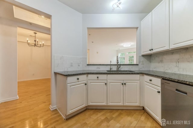 1109 Cedar Village Blvd, East Brunswick, NJ 08816 - kitchen with dishwasher, a sink, white cabinetry, light wood-type flooring, and tasteful backsplash